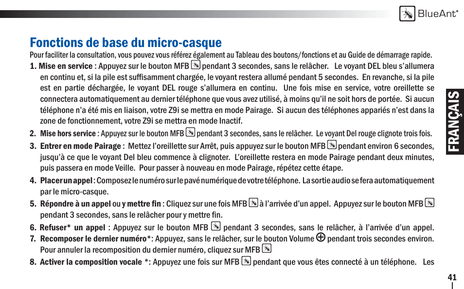 Français, Fonctions de base du micro-casque | BlueAnt Z9i Bluetooth Headset User Manual | Page 41 / 68