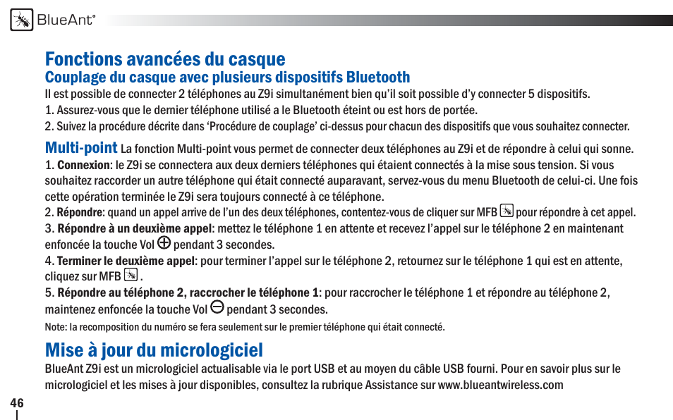 Fonctions avancées du casque, Mise à jour du micrologiciel | BlueAnt Z9i Bluetooth Headset User Manual | Page 46 / 68