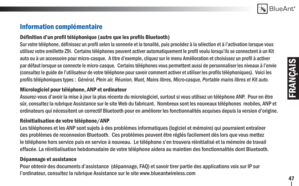 Français | BlueAnt Z9i Bluetooth Headset User Manual | Page 47 / 68