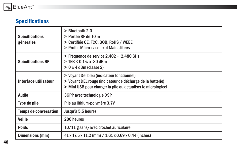 Specifi cations | BlueAnt Z9i Bluetooth Headset User Manual | Page 48 / 68