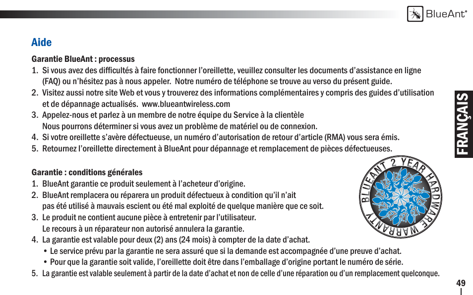 Français | BlueAnt Z9i Bluetooth Headset User Manual | Page 49 / 68