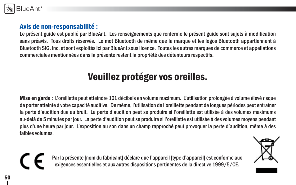 Veuillez protéger vos oreilles | BlueAnt Z9i Bluetooth Headset User Manual | Page 50 / 68