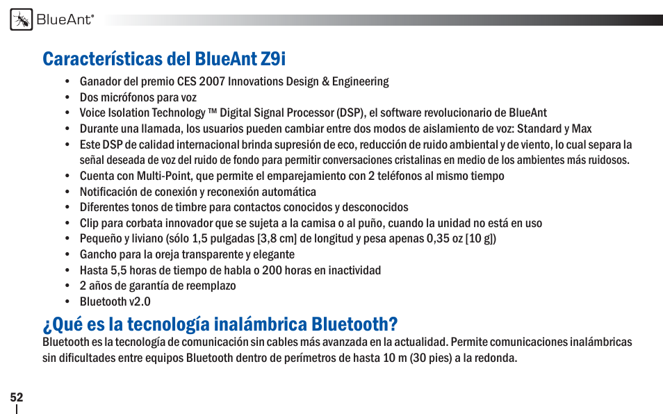 Características del blueant z9i, Qué es la tecnología inalámbrica bluetooth | BlueAnt Z9i Bluetooth Headset User Manual | Page 52 / 68