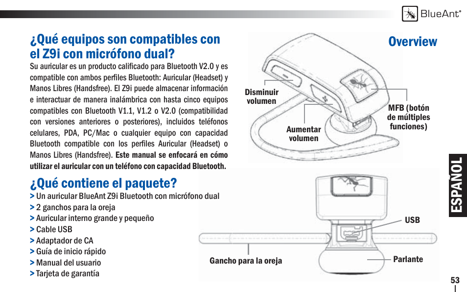 Esp añol, Qué contiene el paquete, Overview | BlueAnt Z9i Bluetooth Headset User Manual | Page 53 / 68