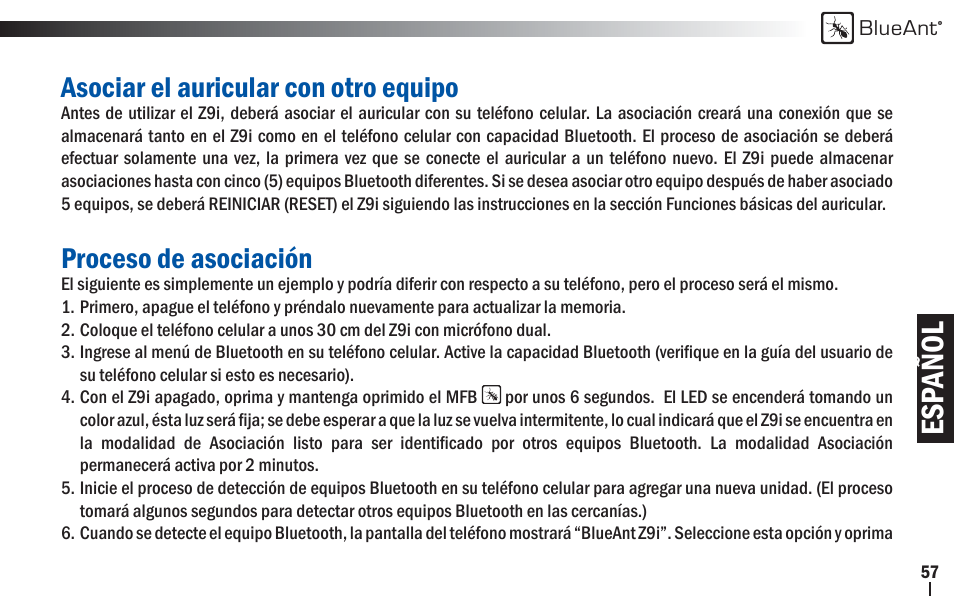 Esp añol | BlueAnt Z9i Bluetooth Headset User Manual | Page 57 / 68