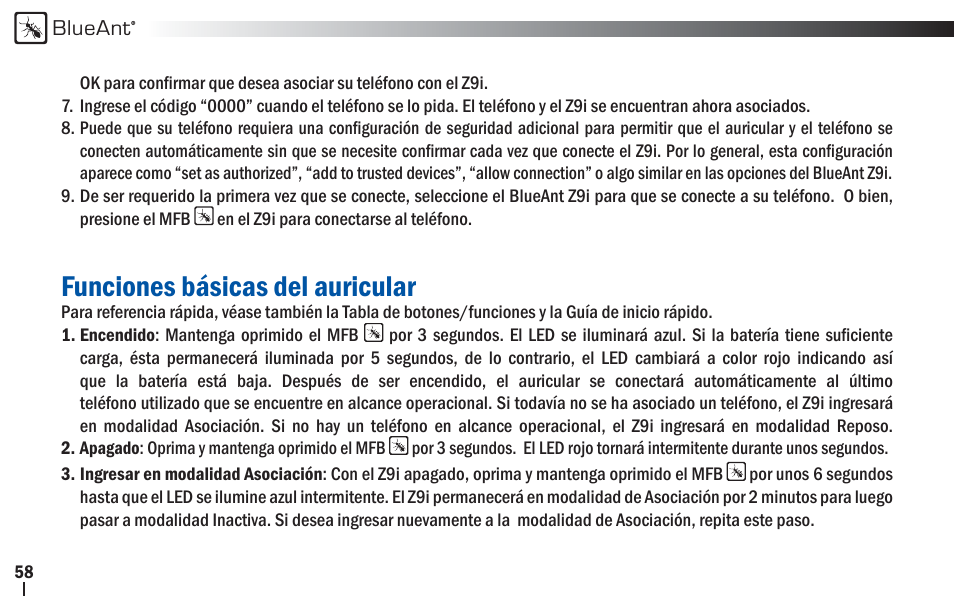 Funciones básicas del auricular | BlueAnt Z9i Bluetooth Headset User Manual | Page 58 / 68