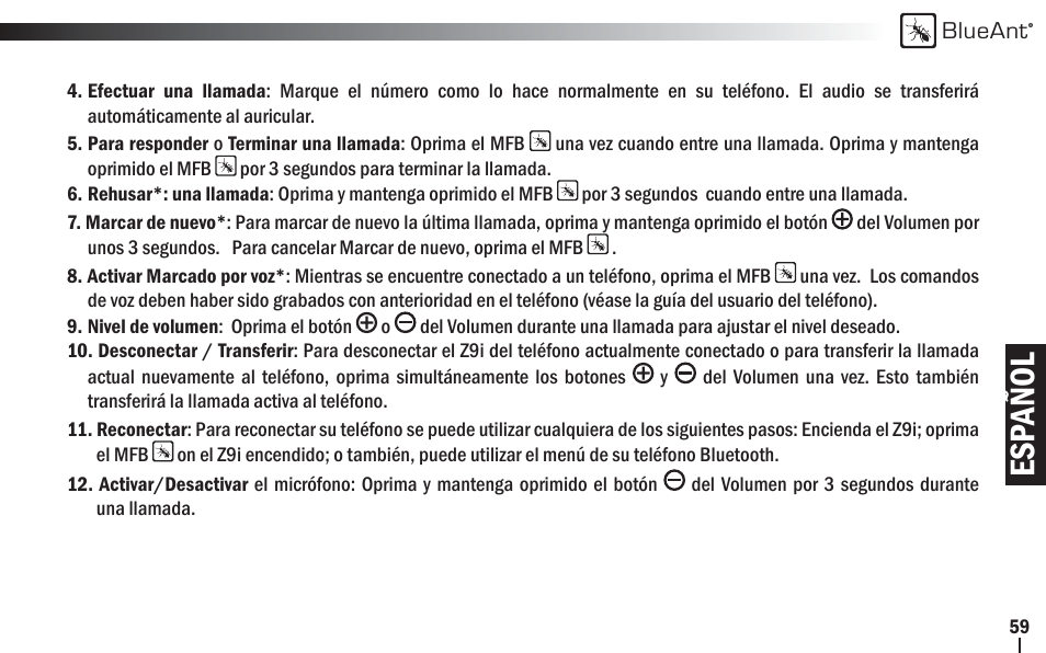 Esp añol | BlueAnt Z9i Bluetooth Headset User Manual | Page 59 / 68