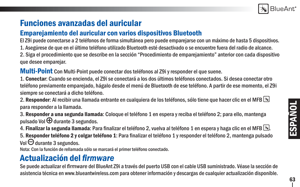 Esp añol, Funciones avanzadas del auricular, Actualización del fi rmware | BlueAnt Z9i Bluetooth Headset User Manual | Page 63 / 68