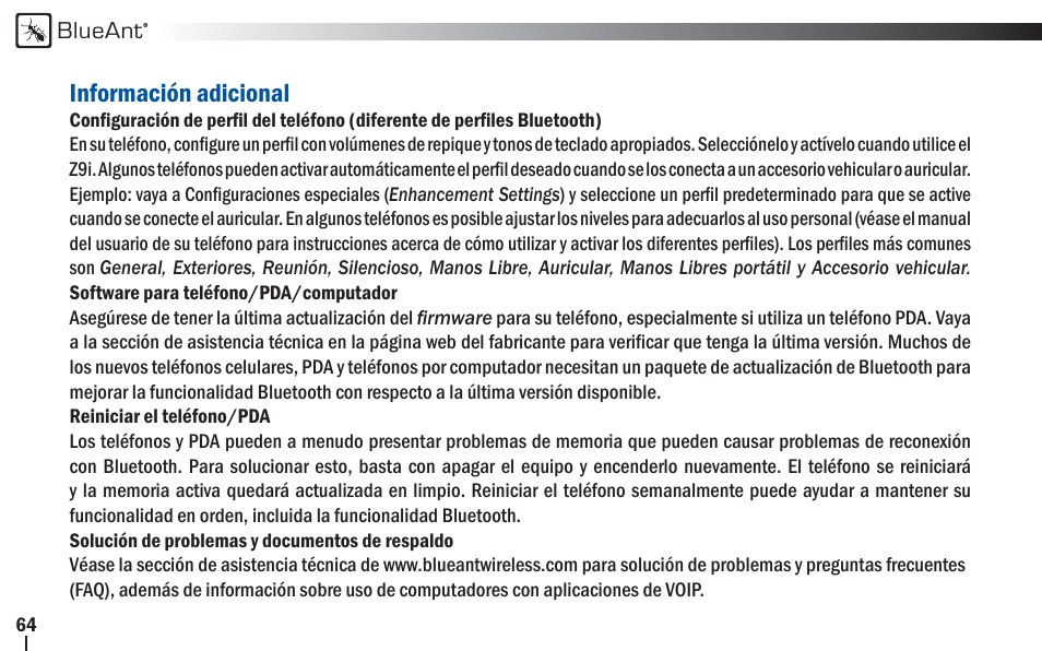 BlueAnt Z9i Bluetooth Headset User Manual | Page 64 / 68
