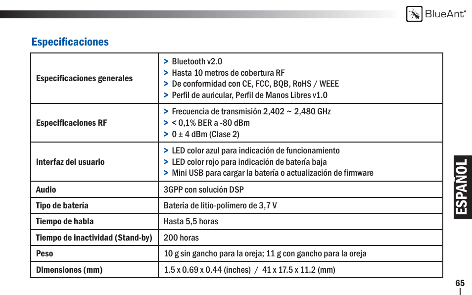 Esp añol | BlueAnt Z9i Bluetooth Headset User Manual | Page 65 / 68