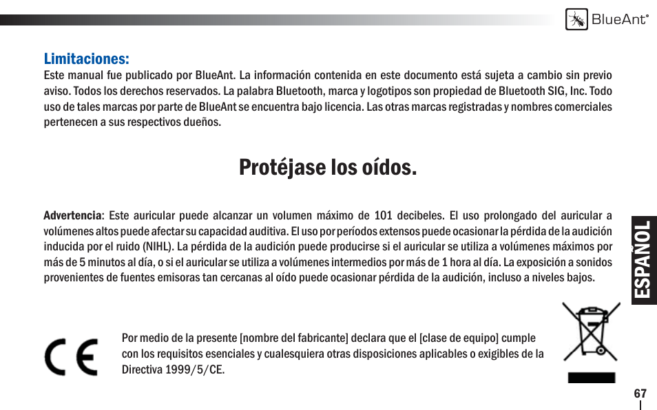 Protéjase los oídos, Esp añol | BlueAnt Z9i Bluetooth Headset User Manual | Page 67 / 68