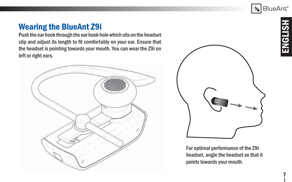 English, Wearing the blueant z9i | BlueAnt Z9i Bluetooth Headset User Manual | Page 7 / 68