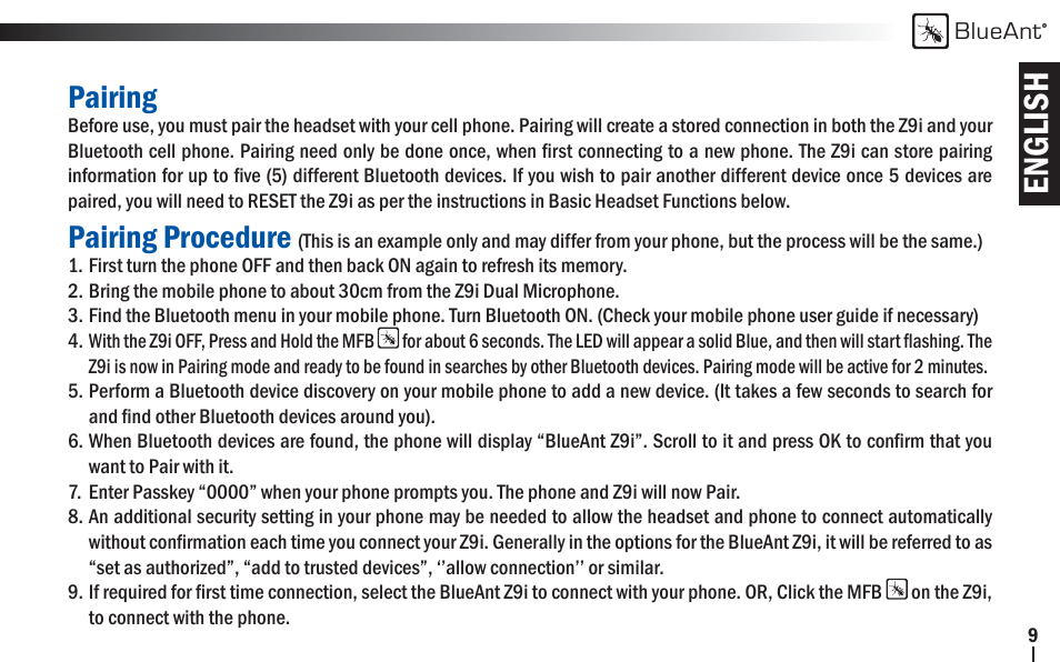 English, Pairing, Pairing procedure | BlueAnt Z9i Bluetooth Headset User Manual | Page 9 / 68