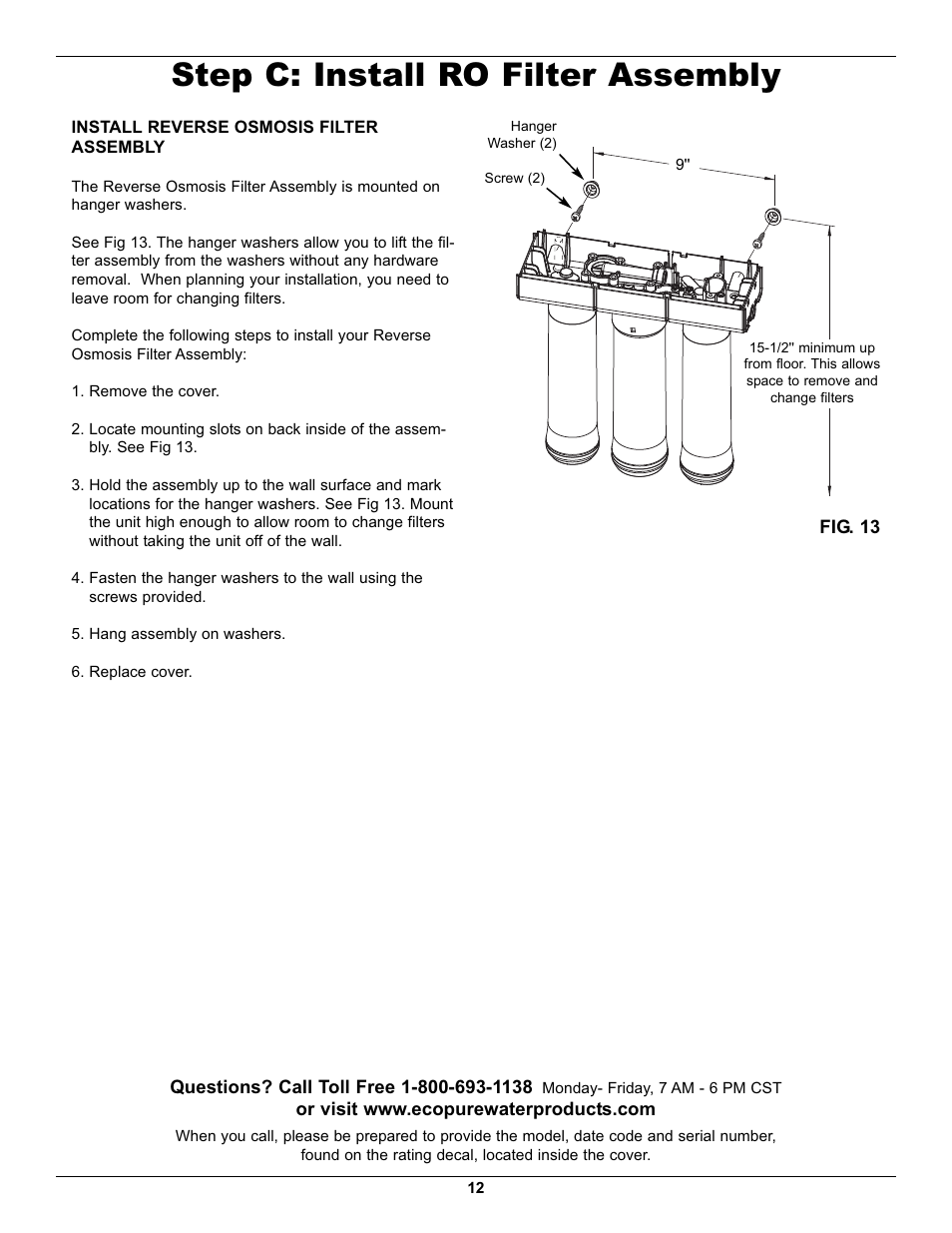 Step c: install ro filter assembly | EcoPure ECOP30 User Manual | Page 12 / 27