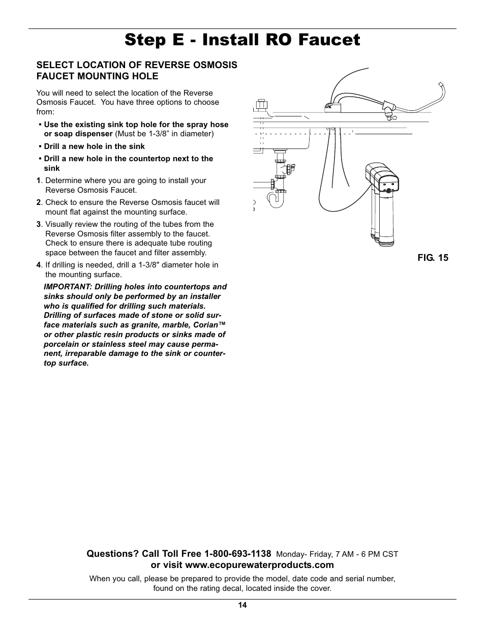 Step e - install ro faucet | EcoPure ECOP30 User Manual | Page 14 / 27