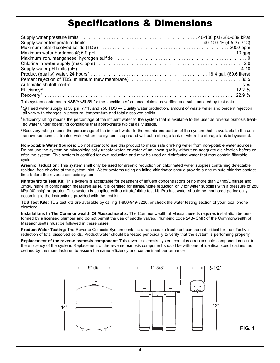 Specifications & dimensions, Fig. 1 | EcoPure ECOP30 User Manual | Page 4 / 27