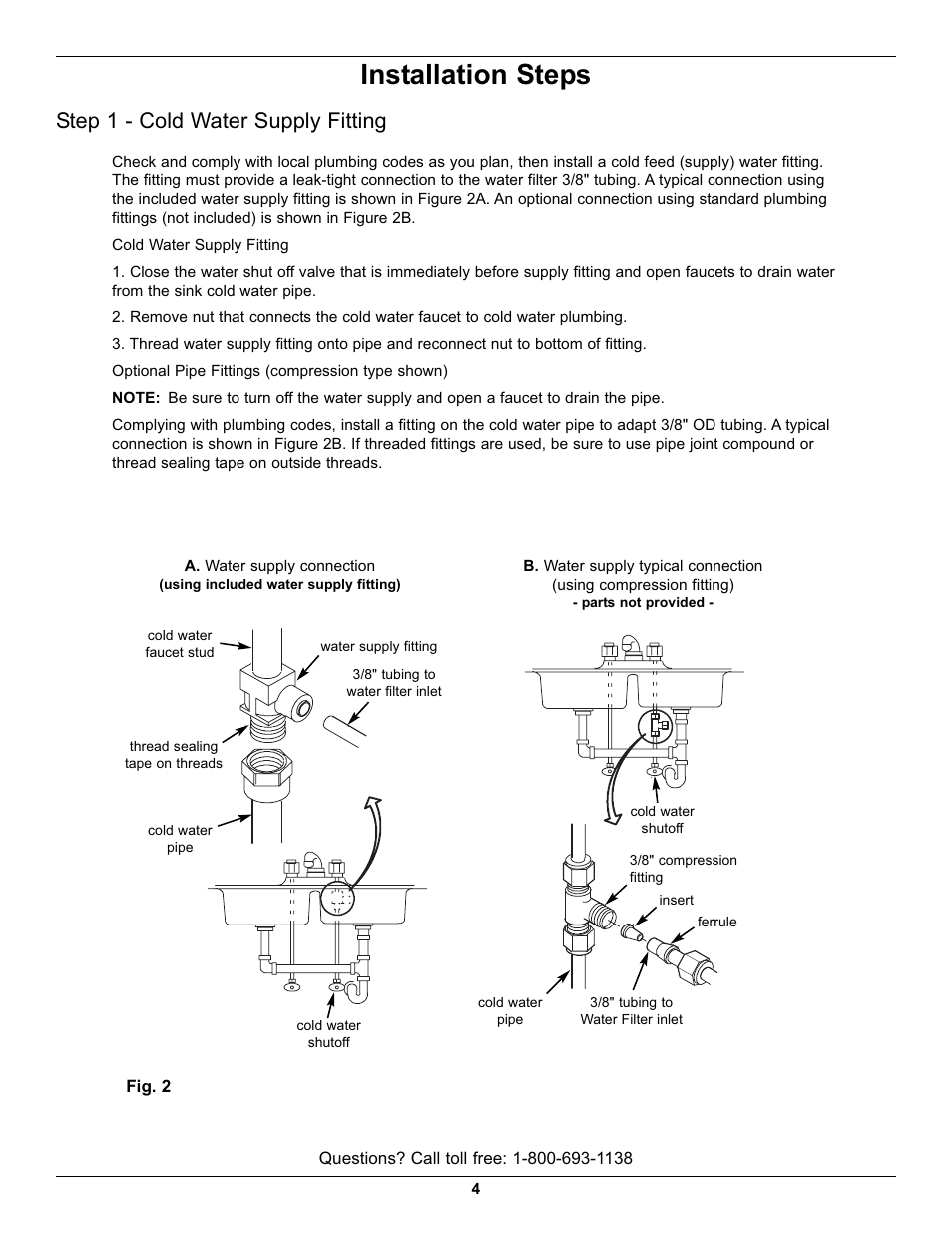 Installation steps, Step 1 - cold water supply fitting | EcoPure ECOP20 User Manual | Page 4 / 11