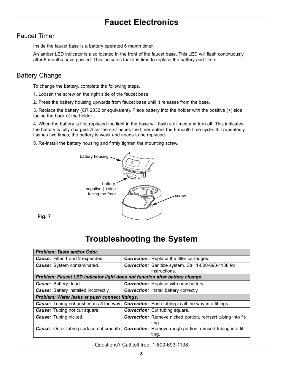 Faucet electronics troubleshooting the system, Battery change faucet timer | EcoPure ECOP20 User Manual | Page 8 / 11