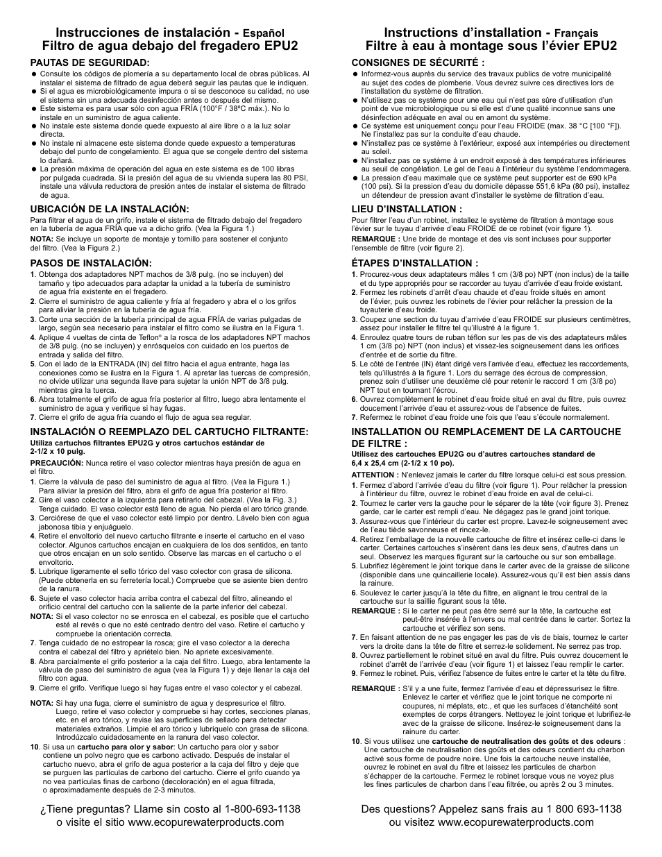 Instrucciones de instalación, Filtre à eau à montage sous l’évier epu2, Español | Français | EcoPure EPU2 User Manual | Page 2 / 2