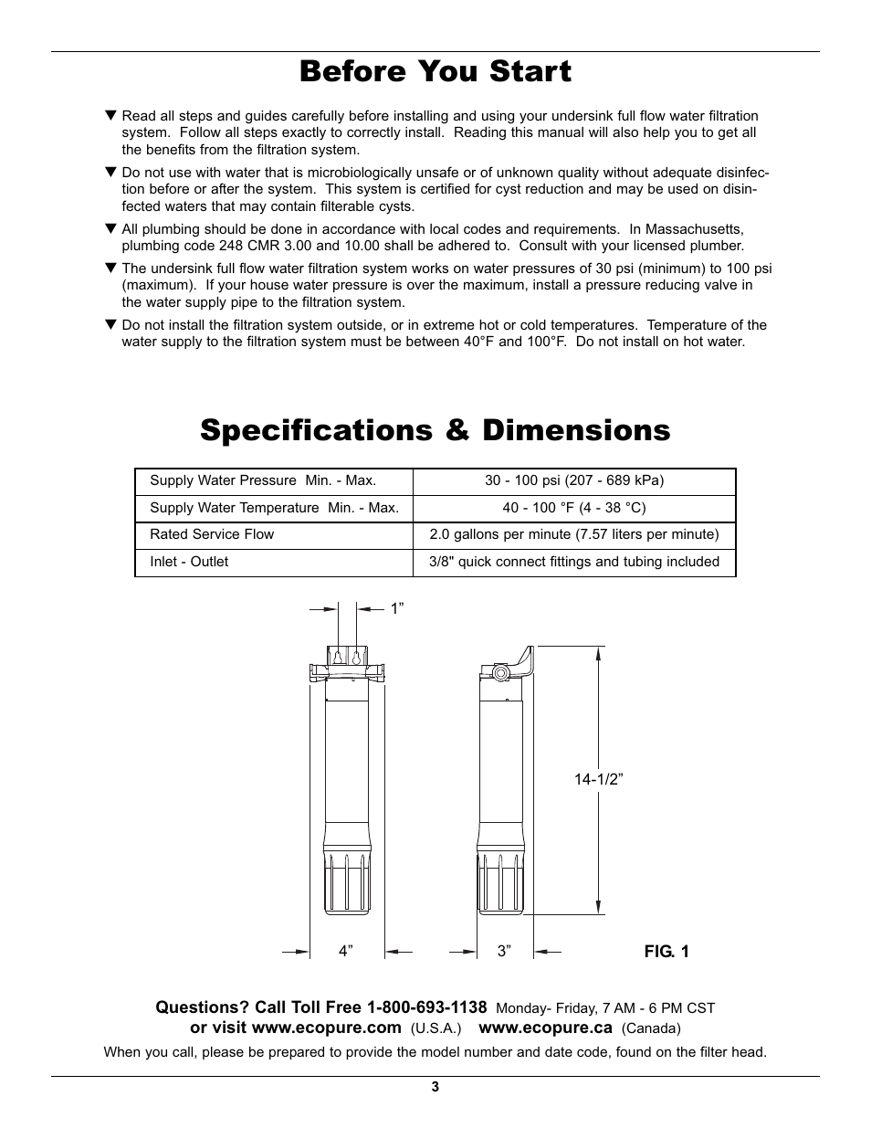 Before you start specifications & dimensions | EcoPure EPWUFF User Manual | Page 3 / 8