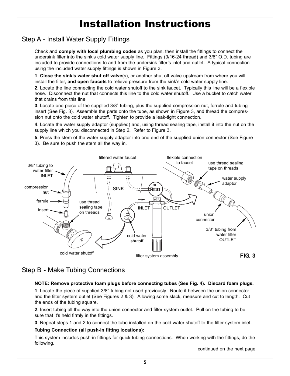 Installation instructions, Step b - make tubing connections, Step a - install water supply fittings | EcoPure EPWUFF User Manual | Page 5 / 8