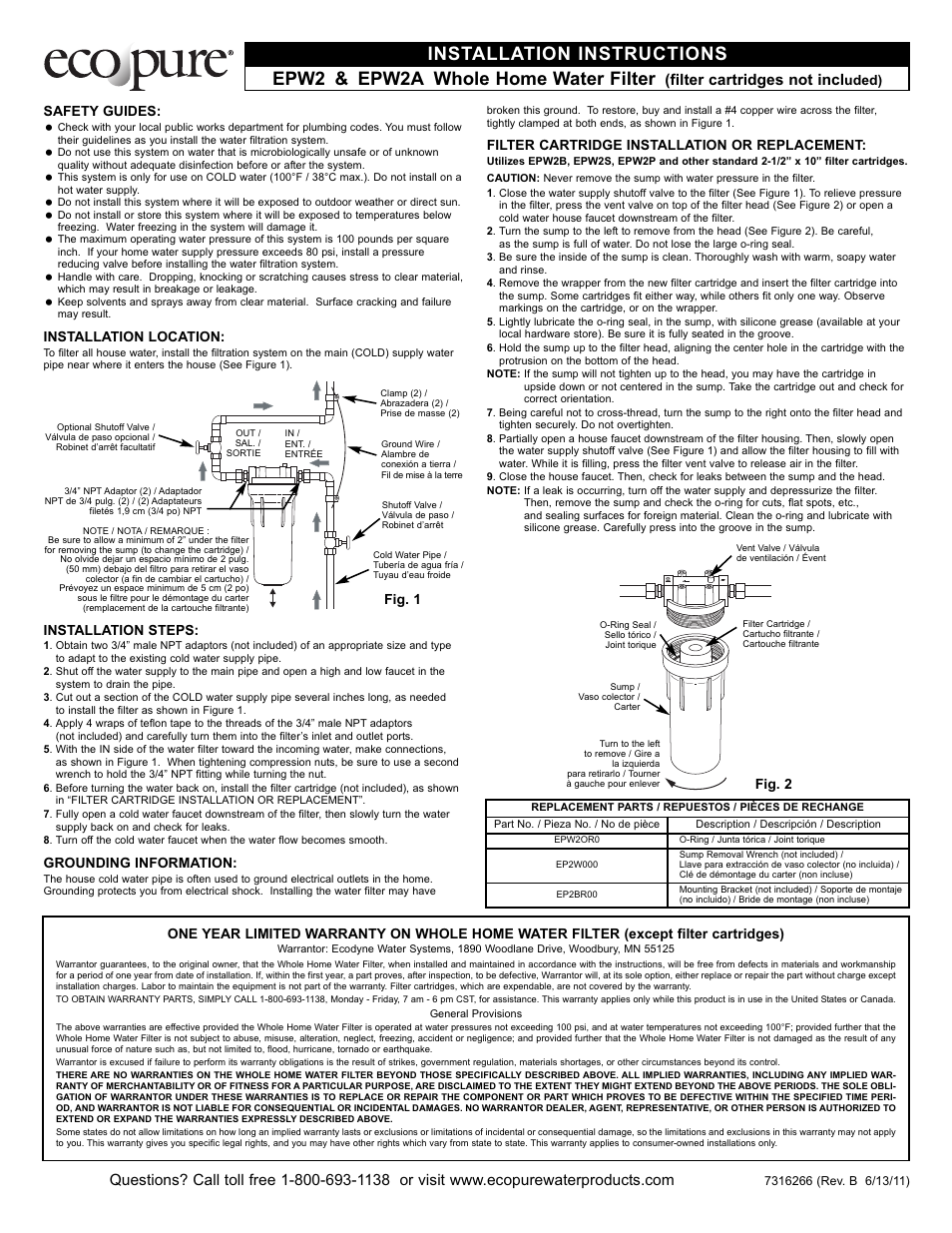 EcoPure EPW2 User Manual | 2 pages