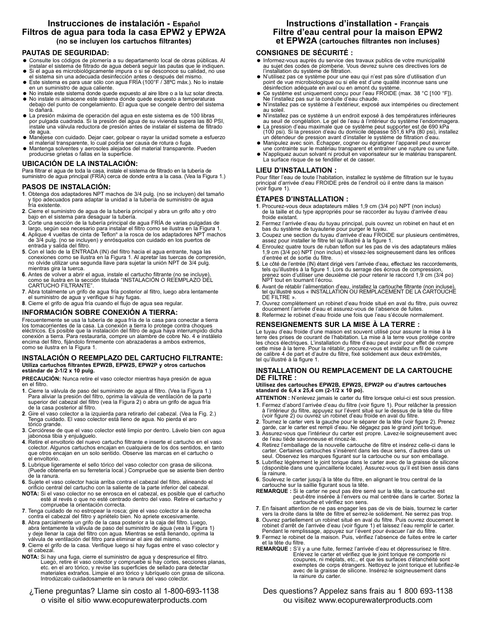 Instrucciones de instalación, Filtros de agua para toda la casa epw2 y epw2a, Instructions d’installation | Filtre d’eau central pour la maison epw2 et epw2a | EcoPure EPW2 User Manual | Page 2 / 2