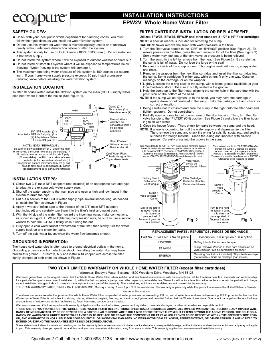 EcoPure EPW2V User Manual | 2 pages