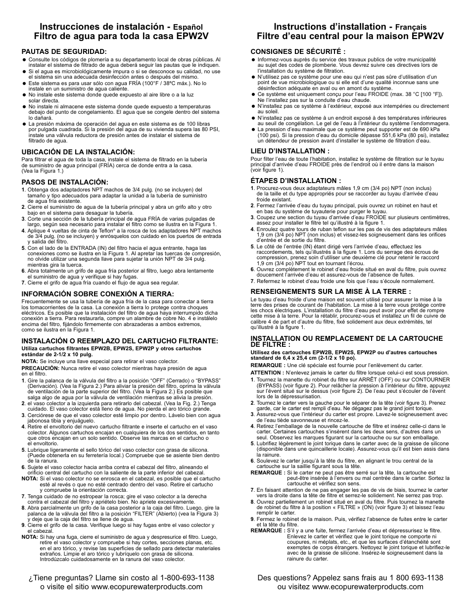 Instrucciones de instalación, Filtre d’eau central pour la maison epw2v, Español | Français | EcoPure EPW2V User Manual | Page 2 / 2