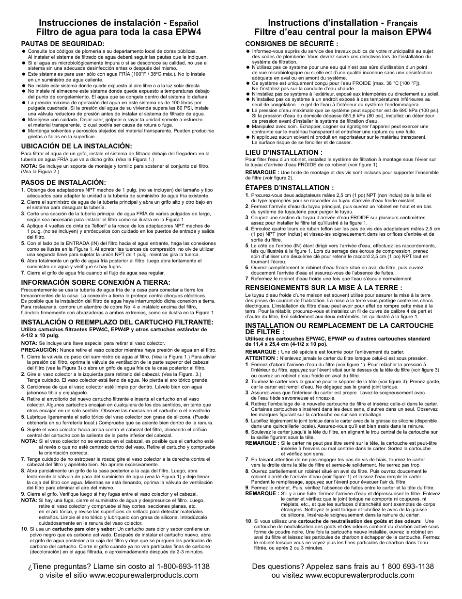 Instrucciones de instalación, Filtre d’eau central pour la maison epw4, Español | Français | EcoPure EPW4 User Manual | Page 2 / 2
