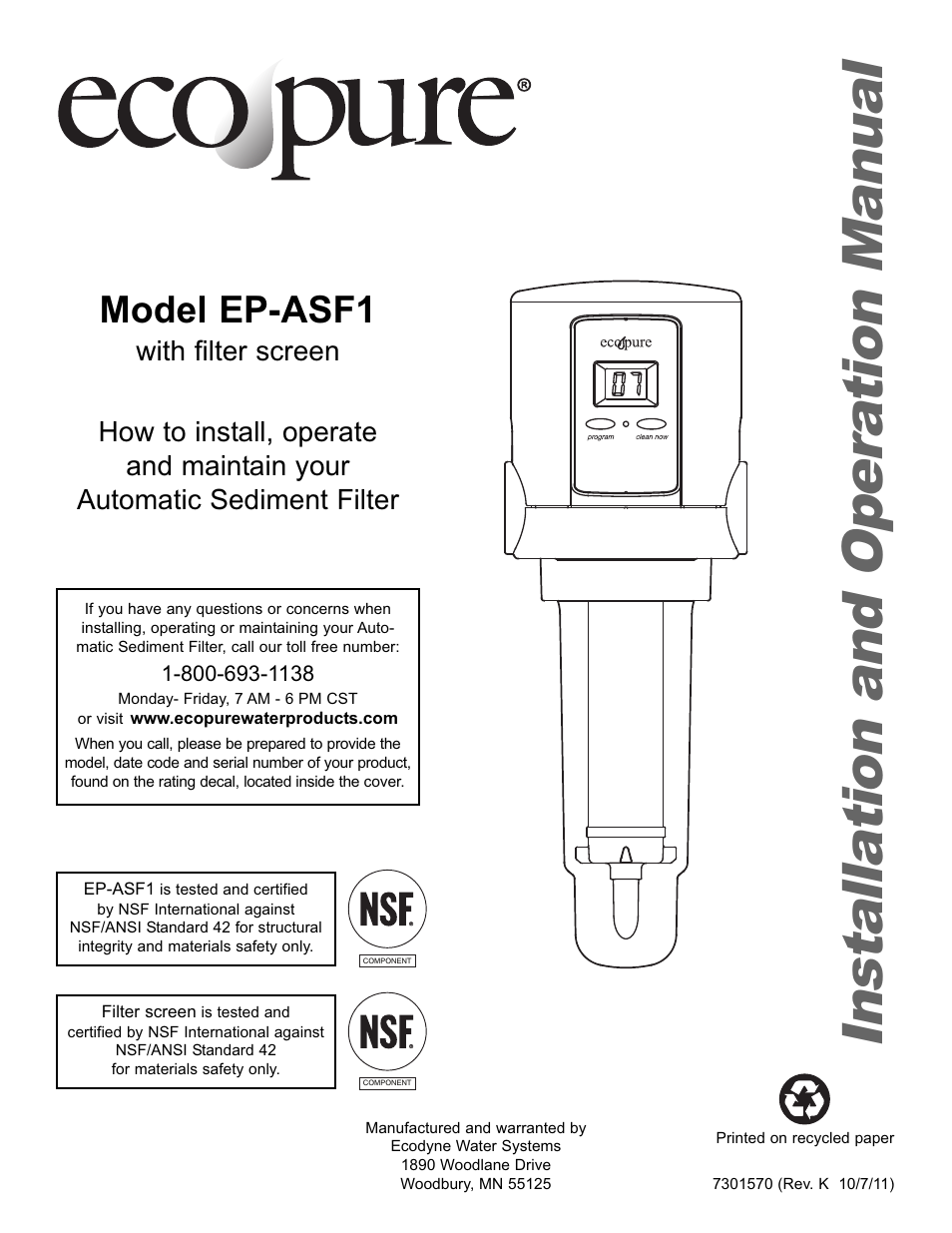 EcoPure EPASF1 User Manual | 16 pages