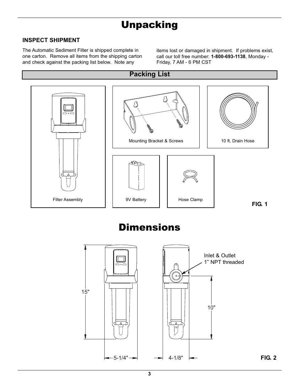 Unpacking, Dimensions, Packing list | EcoPure EPASF1 User Manual | Page 3 / 16