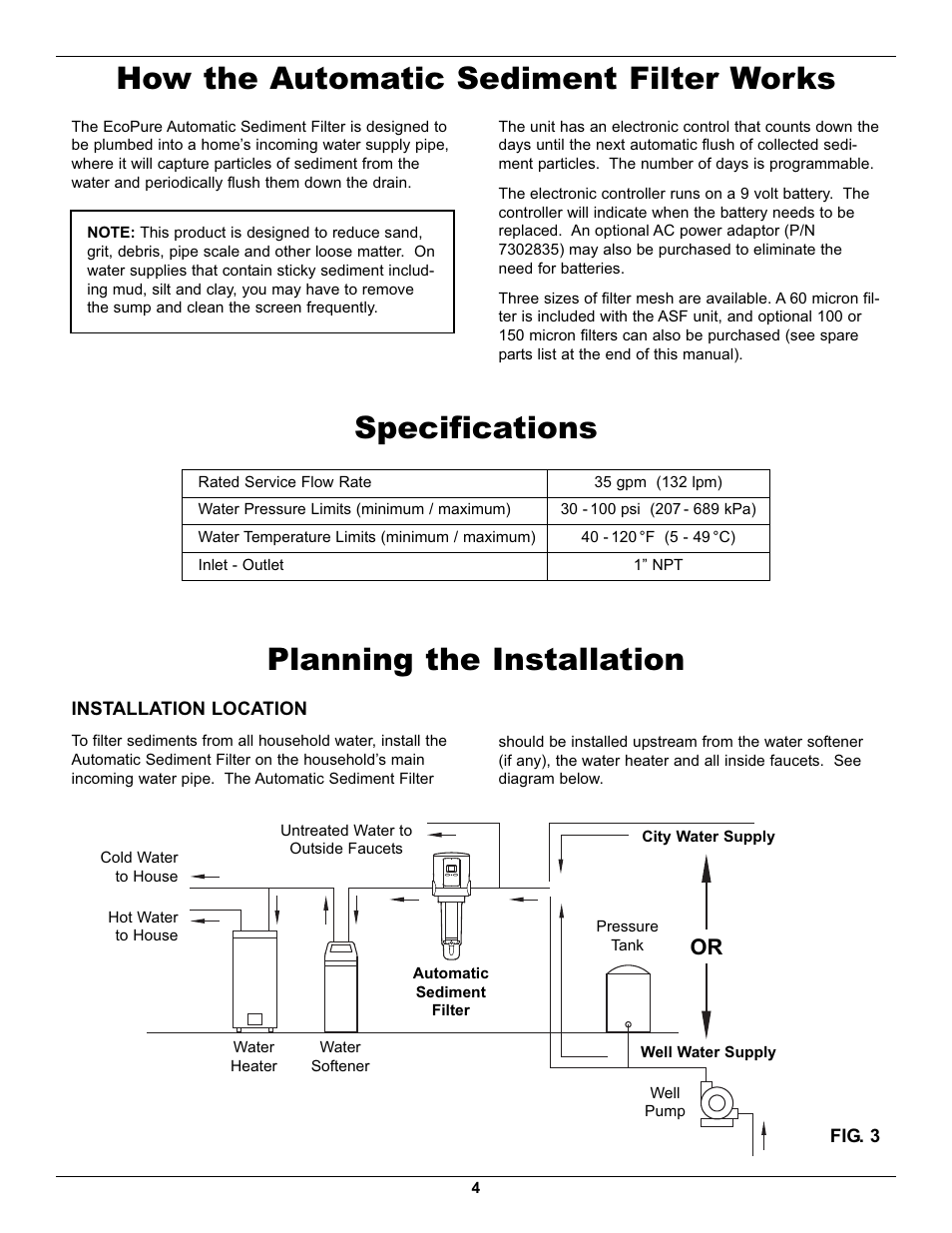 How the automatic sediment filter works, Specifications, Planning the installation | EcoPure EPASF1 User Manual | Page 4 / 16