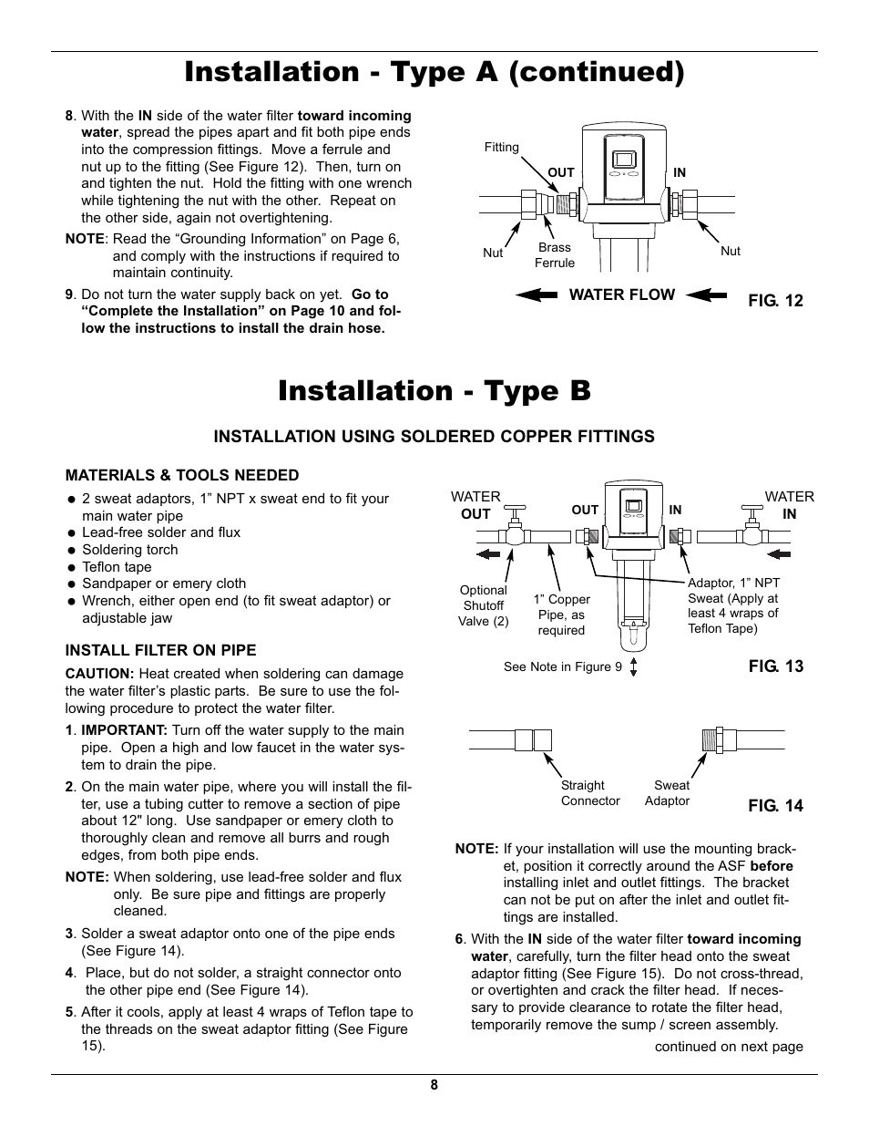 Installation - type a (continued), Installation - type b | EcoPure EPASF1 User Manual | Page 8 / 16