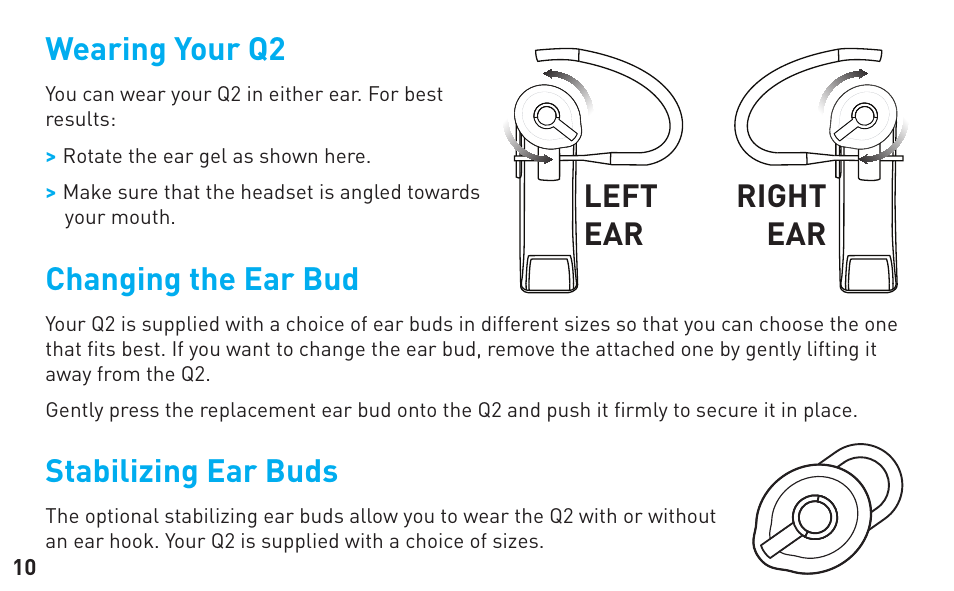 Wearing your q2, Changing the ear bud, Stabilizing ear buds | BlueAnt Q2 User Manual | Page 10 / 36