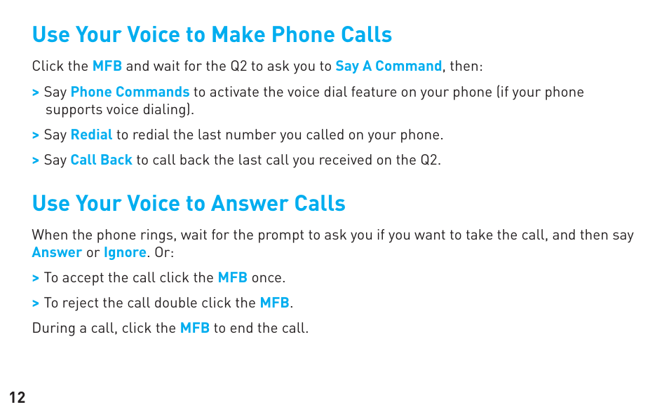 Use your voice to make phone calls, Use your voice to answer calls | BlueAnt Q2 User Manual | Page 12 / 36