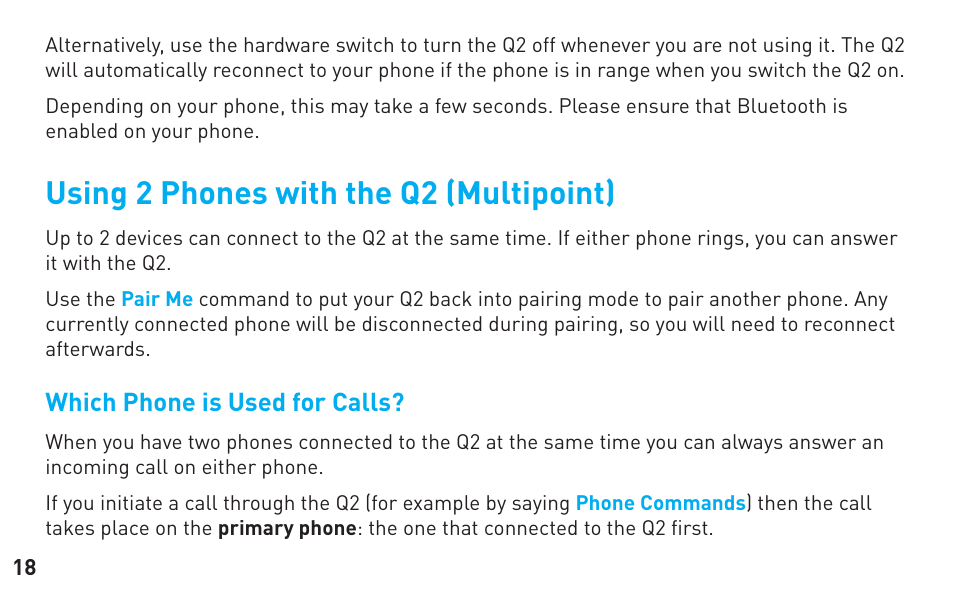 Using 2 phones with the q2 (multipoint) | BlueAnt Q2 User Manual | Page 18 / 36