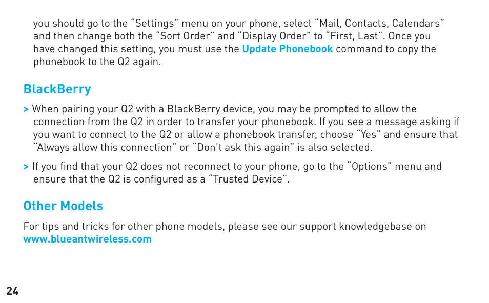 BlueAnt Q2 User Manual | Page 24 / 36