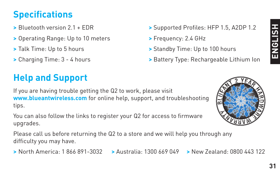 Speciﬁ cations, Help and support | BlueAnt Q2 User Manual | Page 31 / 36