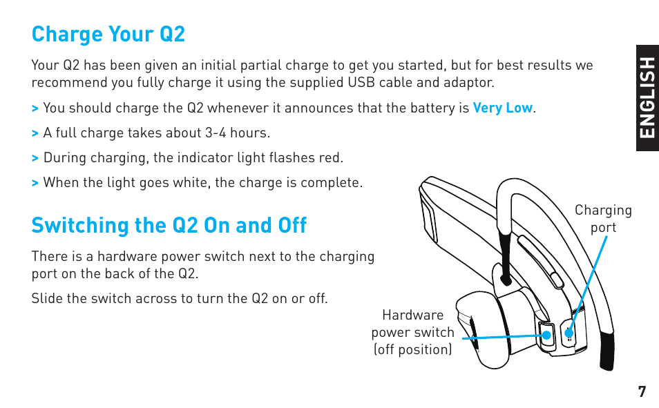 Charge your q2, Switching the q2 on and off | BlueAnt Q2 User Manual | Page 7 / 36