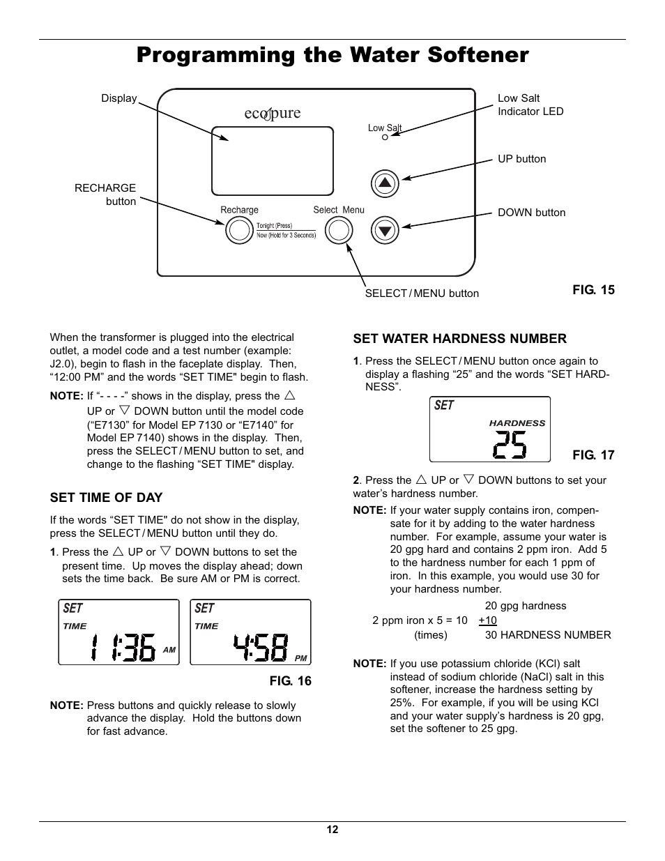 Programming the water softener, Pure | EcoPure EP7140 User Manual | Page 12 / 27