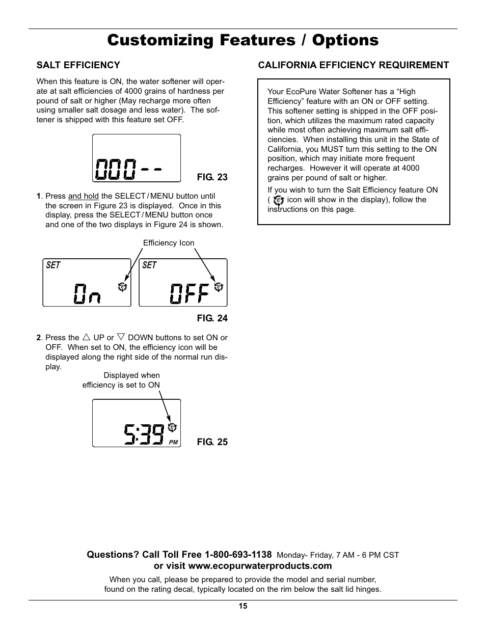 Customizing features / options | EcoPure EP7140 User Manual | Page 15 / 27