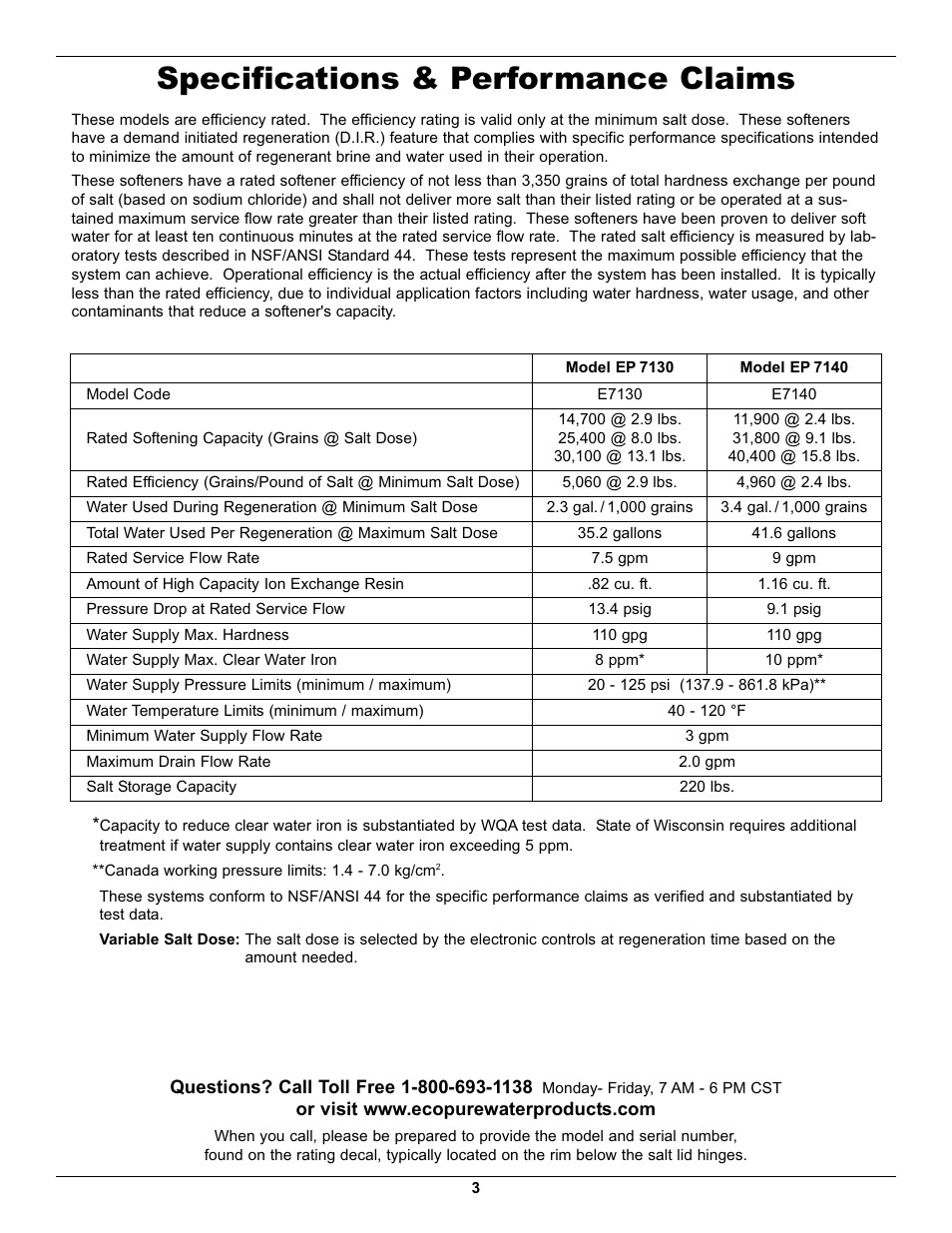 Specifications & performance claims | EcoPure EP7140 User Manual | Page 3 / 27