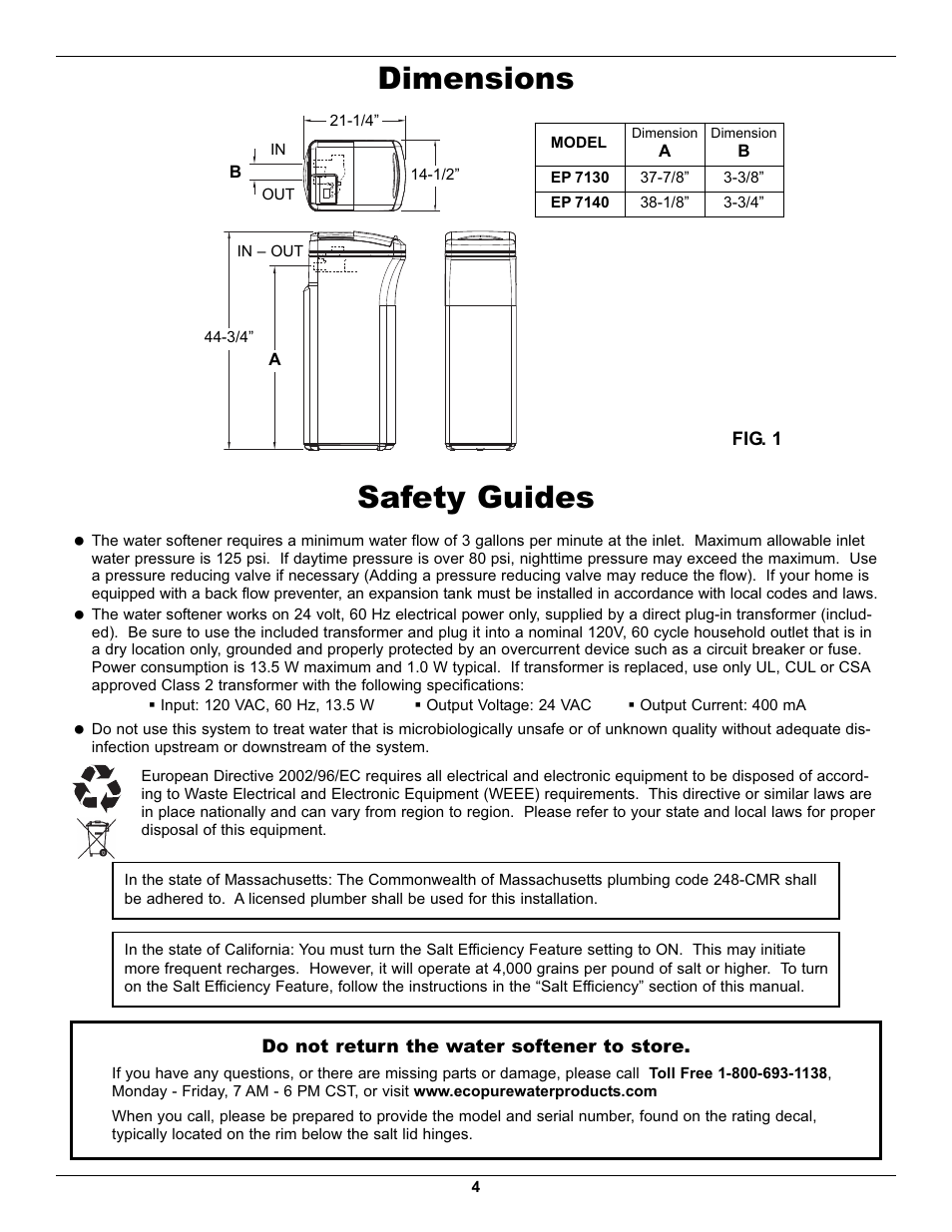Safety guides, Dimensions | EcoPure EP7140 User Manual | Page 4 / 27