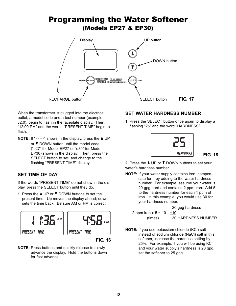 Programming the water softener, Models ep27 & ep30) | EcoPure EP40 User Manual | Page 12 / 27