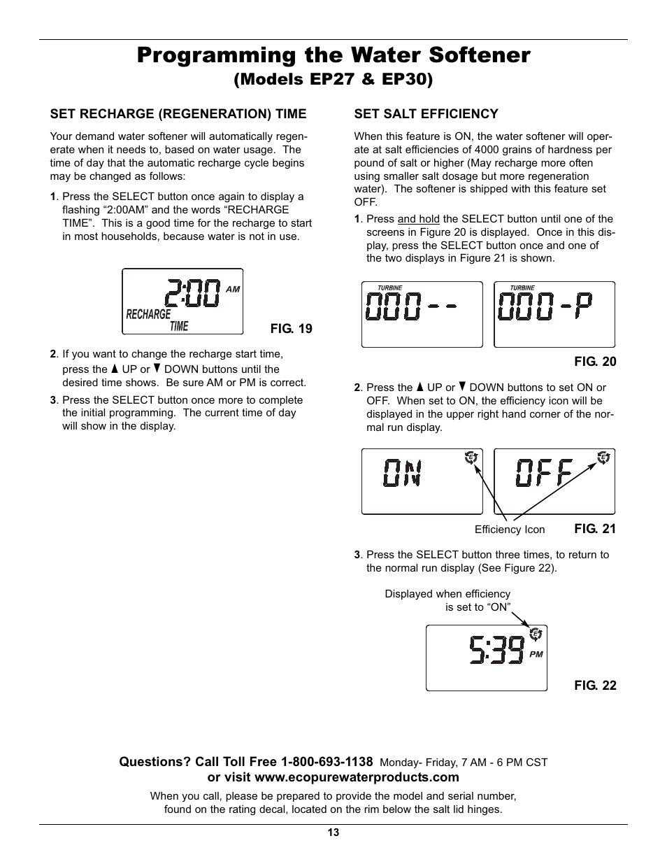 Programming the water softener, Models ep27 & ep30) | EcoPure EP40 User Manual | Page 13 / 27