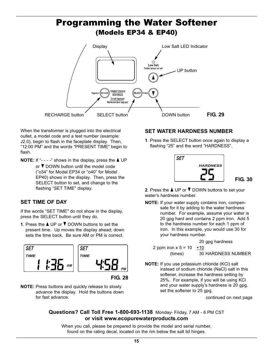 Programming the water softener, Models ep34 & ep40) | EcoPure EP40 User Manual | Page 15 / 27
