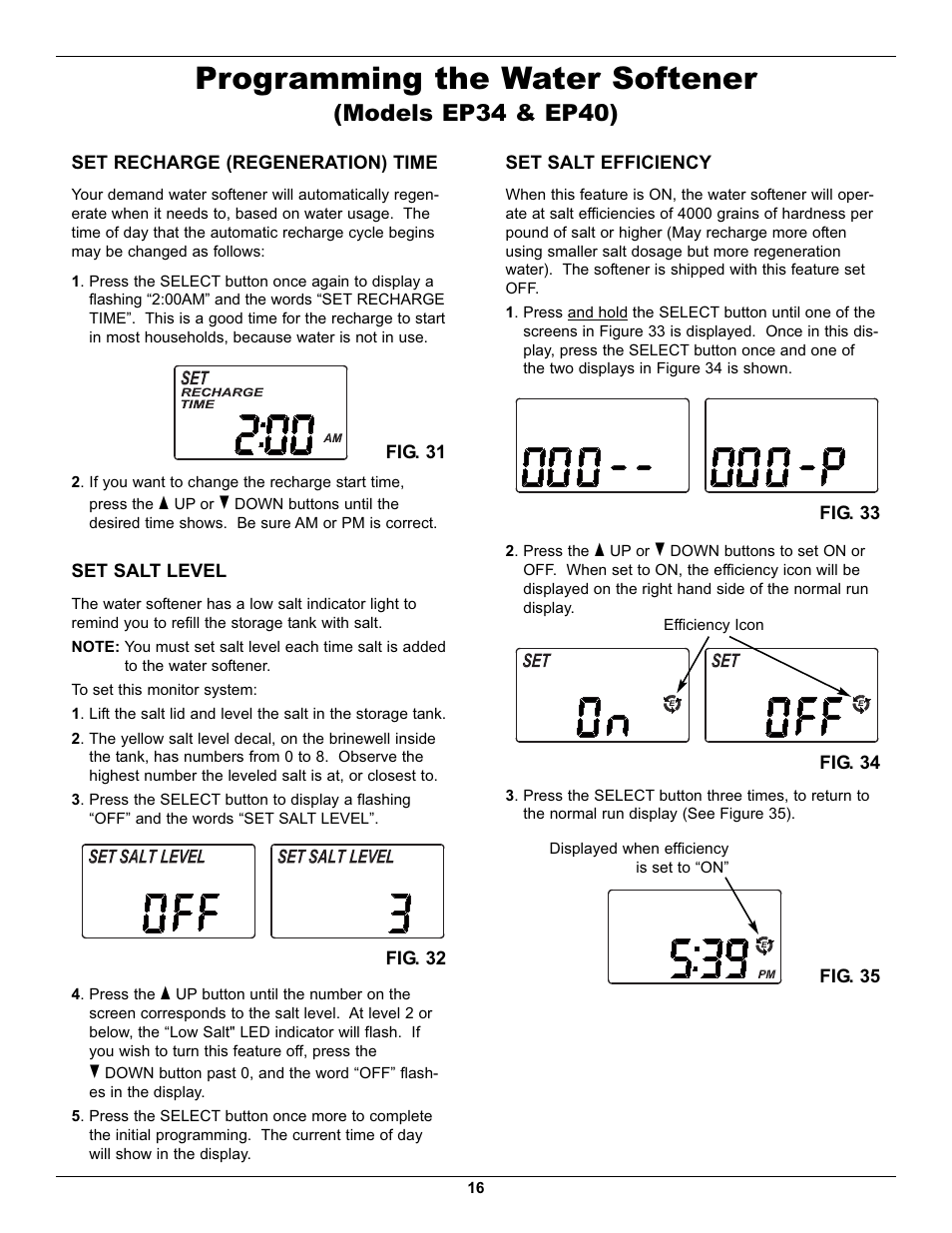 Programming the water softener, Models ep34 & ep40) | EcoPure EP40 User Manual | Page 16 / 27