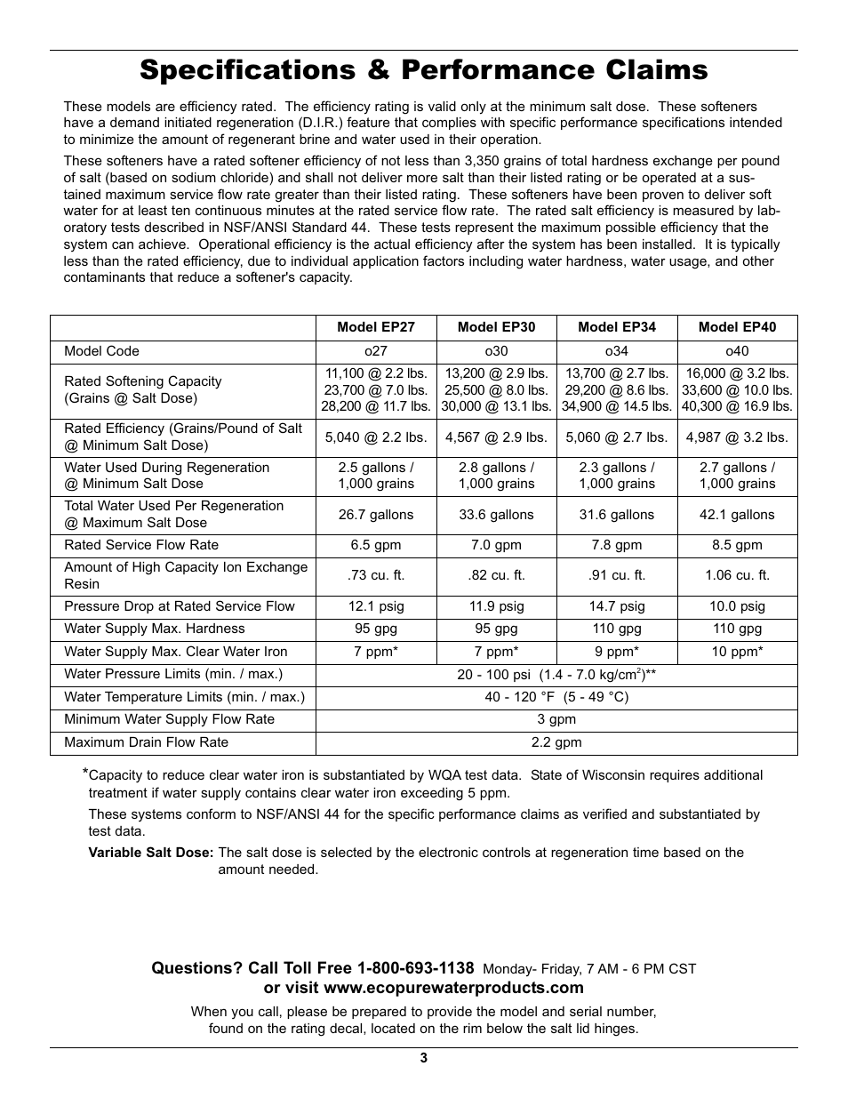 Specifications & performance claims | EcoPure EP40 User Manual | Page 3 / 27