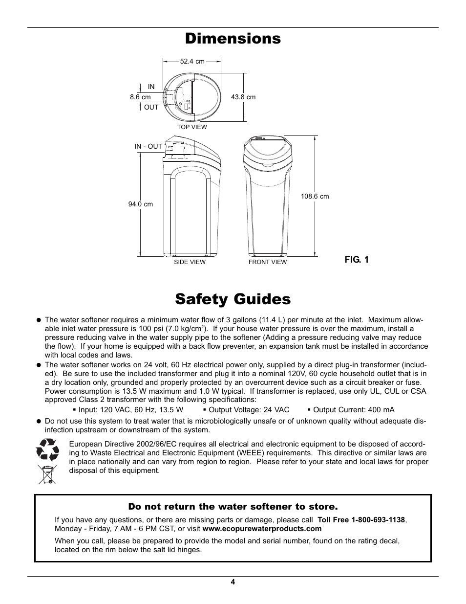 Safety guides, Dimensions | EcoPure EP40 User Manual | Page 4 / 27